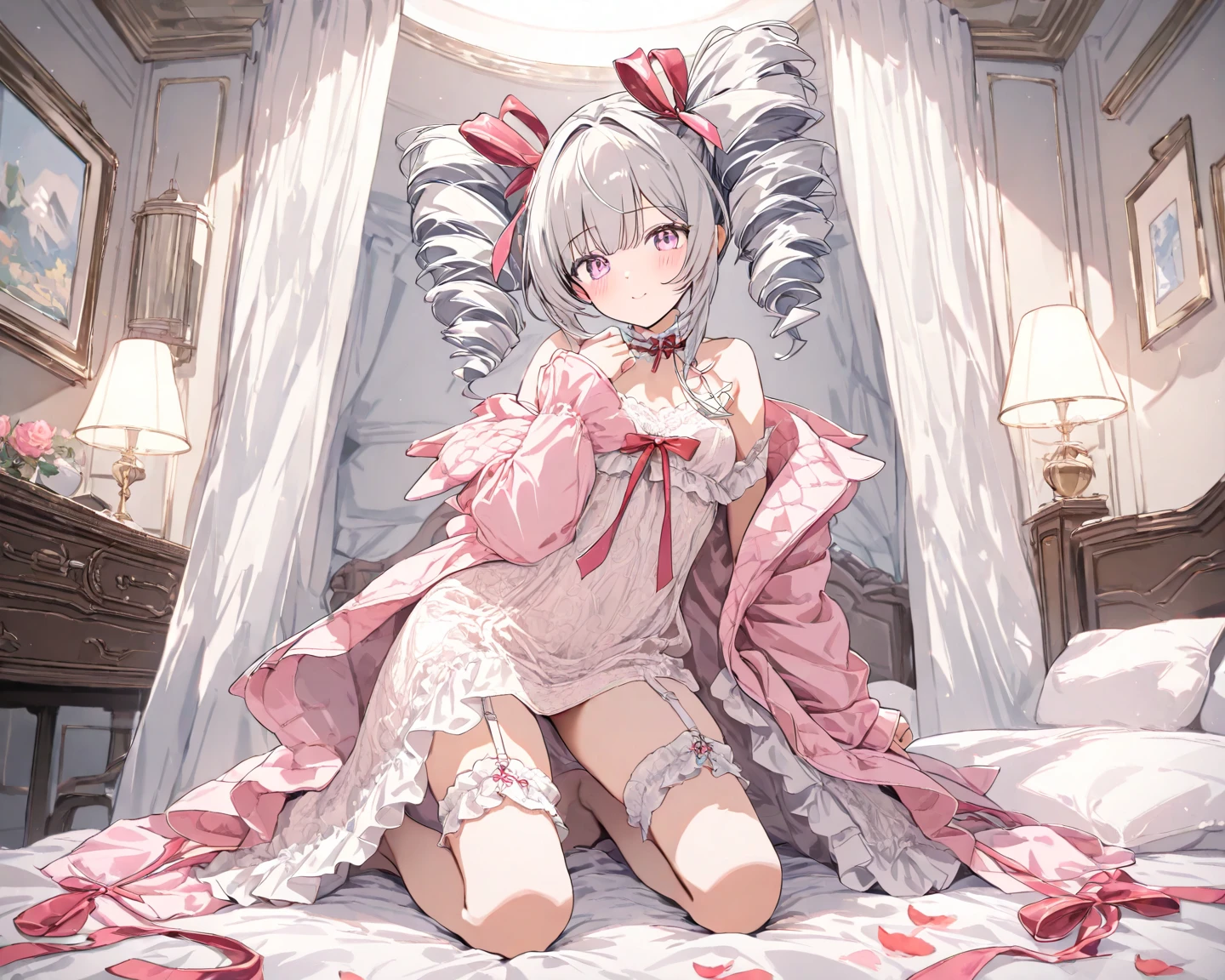 White hair，cat ear，Pink eyes，Light blue Lolita，White tights，pink bows，inside in room，kneeling on a bed，Lace，Seductive pose，M legs，leg wide open，pantiess，suspender stockings，Harnes， your ass，your legs，Be red in the face，Desire for dissatisfaction，gasps