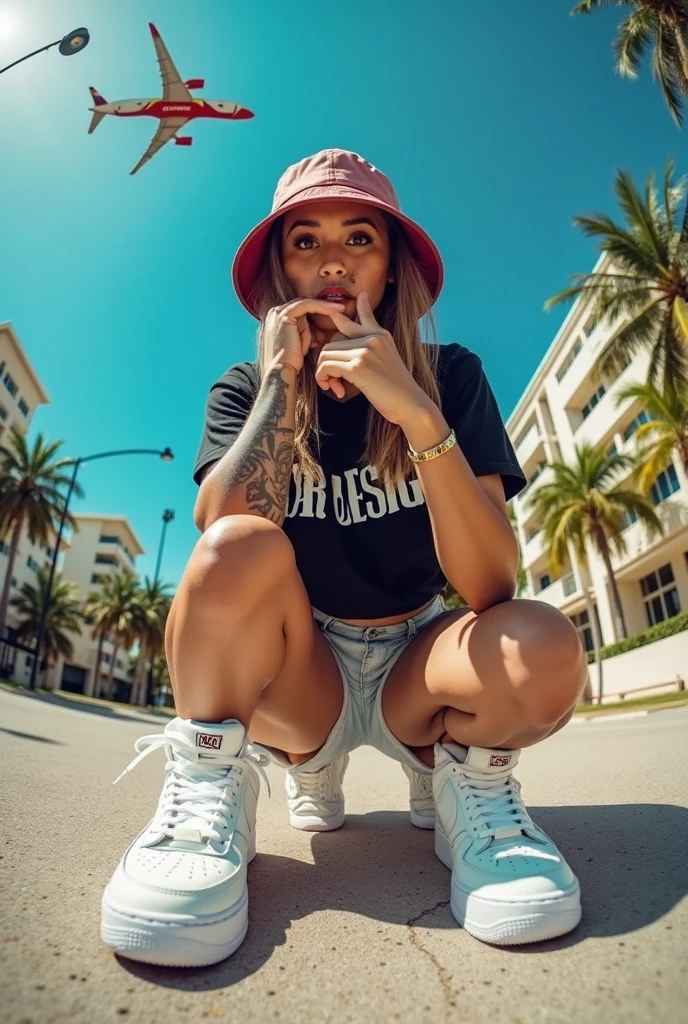 (obra de arte, melhor qualidade), 1 garota, rabo de cavalo, sorriso, confiante, cabelo violeta, tatuagens, ((top preto)), shorts jeans, olhos castanhos, luvas sem dedos, rua noturna, luar, cinto, olhos detalhados, calcinha preta pequena