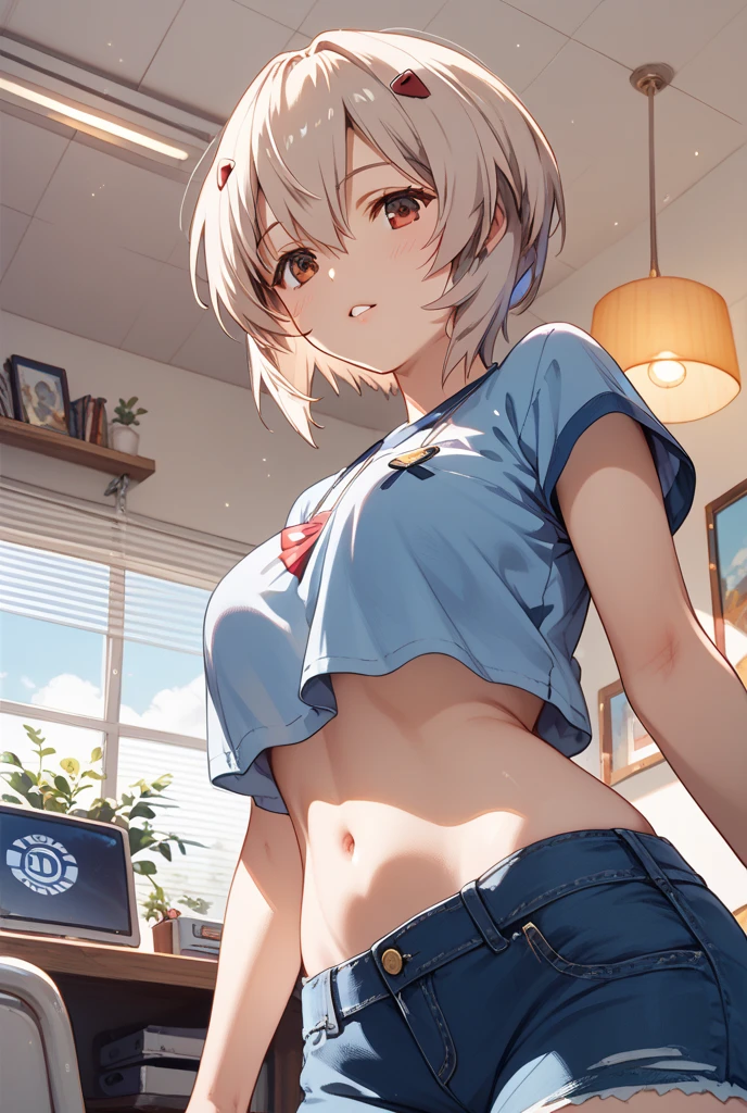 (masterpiece, best quality), final fantasy xiv, miqo'te, 1girl, solo, white hair, short hair, messy hair, orange eyes, cat ears, pale skin, breasts, white shirt, blue shorts, gym clothes, standing, hands lifting shirt, shirt lift, bra, navel, light smile, grinning, close-up 