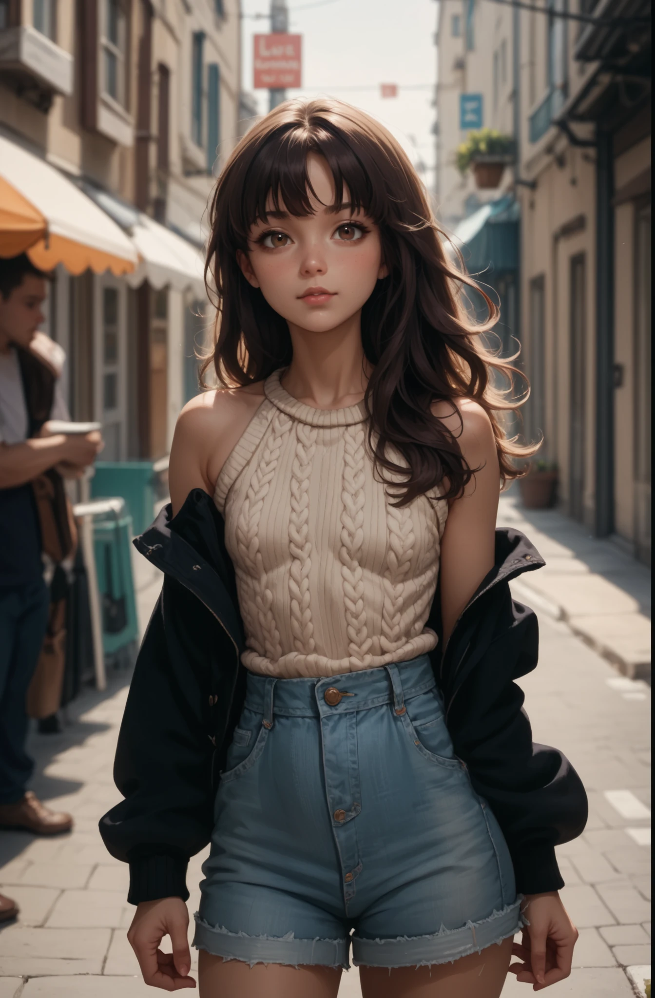 solo, shy, Standing at attention, clear light skin, very long straight brown hair with a dark purple tint, very Young girl, Beautiful Finger, Beautiful long legs, Beautiful body, perfect brown eyes, expressive eyes, looking at viewer, masterpiece, (Beautiful small Breasts:1.2), (slender girl), rounded face, bangs between the eyes, (on the street in small town:1.3), summer day, denim microshort, loose sweater with open shoulders, long disheveled hair, look at you, alisa