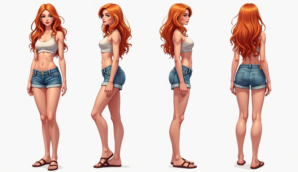 ((Best Quality)), ((Masterpiece)), (((detailed character sheet, frontal view, side view, three quarter view))) white background、one piece、whole body、whole bodyイラスト、whole bodyアニメーション、whole bodyリファレンスシート、denim、Tank top、High heels、Swimwear、bikini、original、New World、Long Hair、Orange Hair、Tattoo on left arm、Ring belt、Heighten your head、smile、Cute face、Narrow waist、Long legs、Beautiful feet、9 heads body、beautiful lady