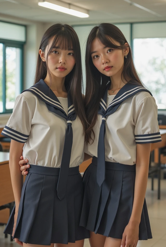 ((Two beautiful Japanese girls:1.3)) ((Uniforms:1.4)) ((Filming:1.5)) ((Middle School)),((Dark blue skirt:1.3)) ((in the classroom:1.3)) ((Thin_Fabric:1.4)) ((Casual sexy pose:1.3)) ((Sweating:1.5))((Blushed:1.4)) ((Large Breasts:1.4)) ((close up:1.2)) best quality,masterpiece,Ultra-high resolution,(Reality:1.4),RAW photos,(Realistic skin texture:1.3),(Film Grain:1.3),panoramic,a character portrait,Very wide-angle lens,Willow Waist,Cowboy shooting,(in the darkness, Deep Shadows, Low profile, Cold Light,) night,(()),Tears streaming down my face,,dust,Tyndall effect,(Express),1 Girl,Beautiful and detailed eyes and face,White Jabot,Brown eyes,((brown hair:1.2)) ((whole body:1.3)) ((Smile:1.3))