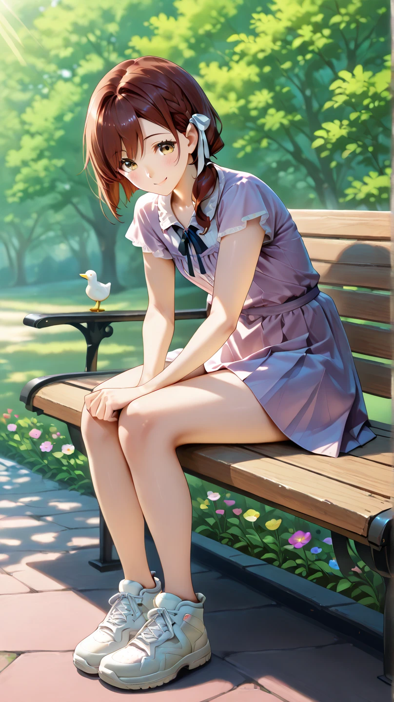 Make an image look like autumn.、(masterpiece)、(top-quality:1.1)、(ultra-detailliert:1.1)、Best Illustration、detaile、(watercolor paiting:1.4)、(handdraw:1.2)、(Watercolor brush hair)、 Alone on a horizontal bench in the park,1girl in,portlate,orange color hair、look at viewr, Smiling ivory off shoulder long sleeve, Black mini skirt, White garter stockings, Gray color base high cut platform sneakers, Body sitting from right to left, legs crossed