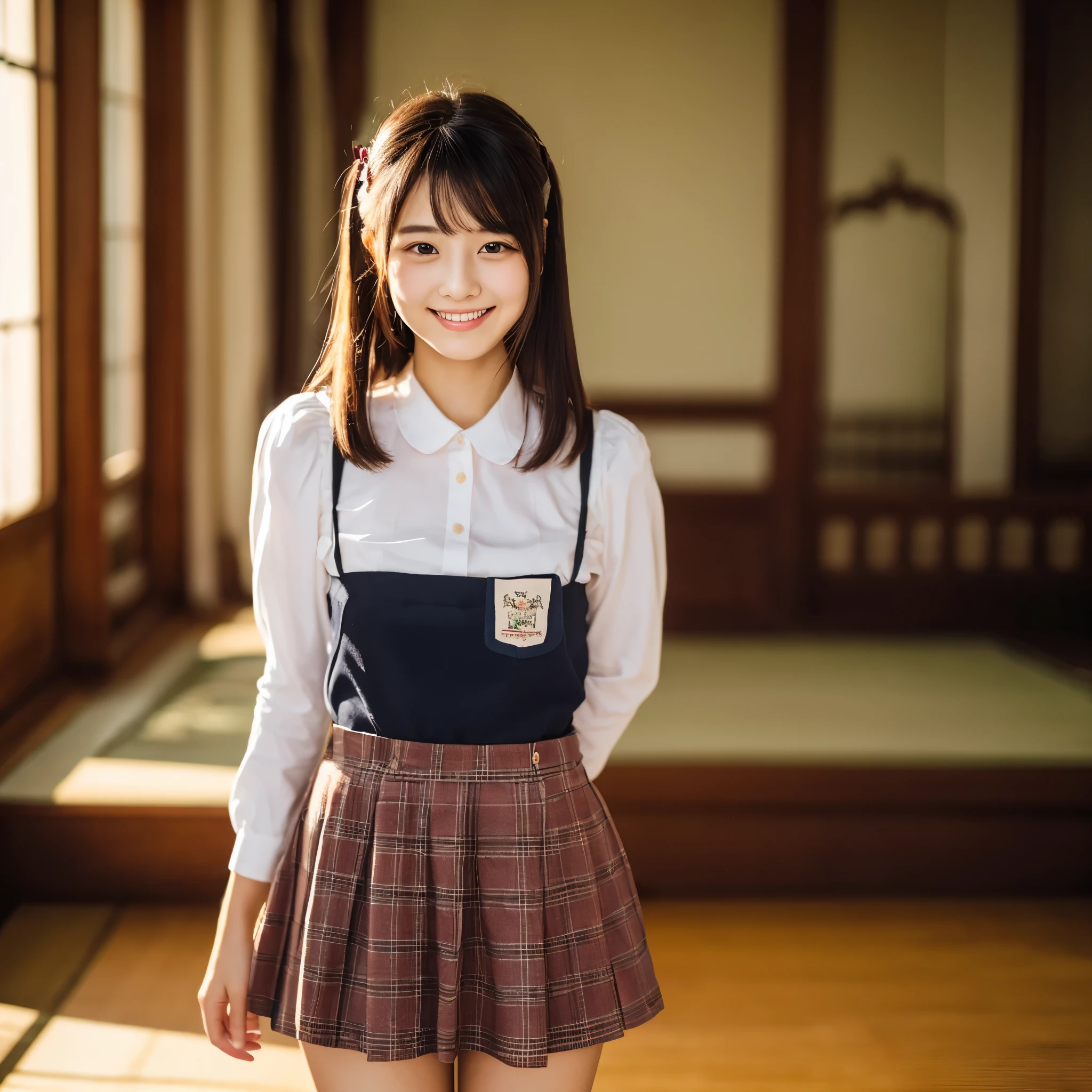 Standing in a large, empty room、Cute black hair、Twin-tailed high school girl、Summer uniform、Japanese、Makeup and a pretty face like an idol、Smiling、mini skirt、Full body portrait