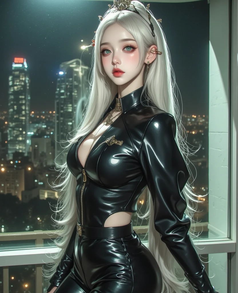 Fairy woman with long white hair, blue eyes, pink lips, blushing, black clothes and knives in both hands