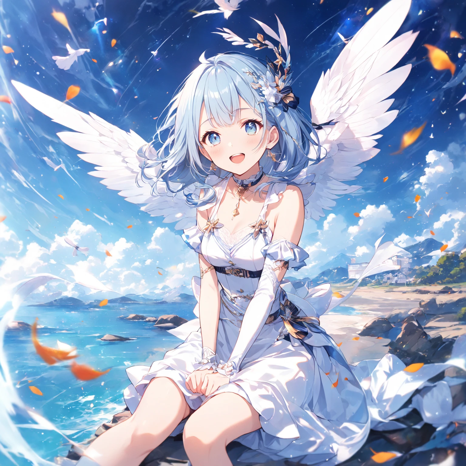 Angels running around Atlantis、Earrings、necklace、Beautiful glowing white skin,、 bright, Refreshing and gentle look, Perfect beautiful pretty face, Shiny platinum blonde straight long hair reaching down to her waist, Beautiful shiny bangs, ((Very beautiful and beautiful4Year old girl)), eyeliner, so perfect and beautiful, Big clear sky blue eyes, bright eye highlights, Baby Face、Cute smile、Long eyelashes、Cute figure、Looking down on a young girl from above、