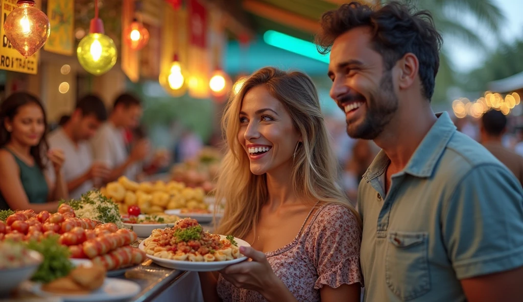 Man and woman selling desserts and gelatin on a blue tray