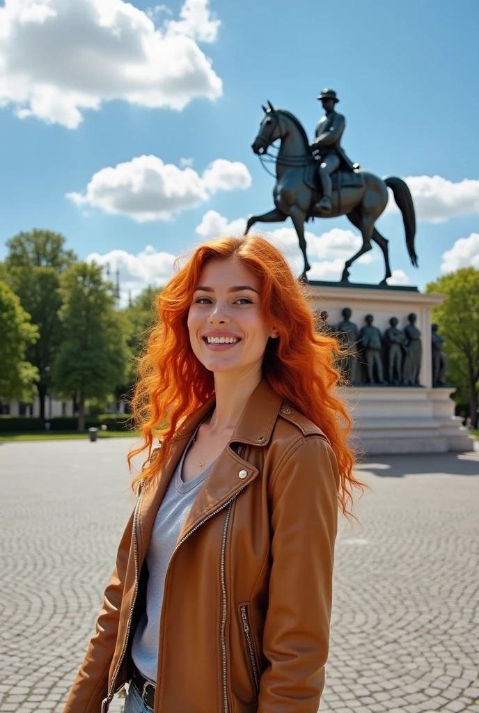 her name is An, high quality, 1girl, ((20-year-old fit Caucasian woman)), ((20 years old)), ((fit)), ((medium straiight auburn hair)), ((medium round breasts)) pose: standing, wearing stylish fashionable Generation-Z modern wear PASTEL colored, BACKGROUND: In the Esplanadi Park, a green urban space with beautiful statues and lively street performances