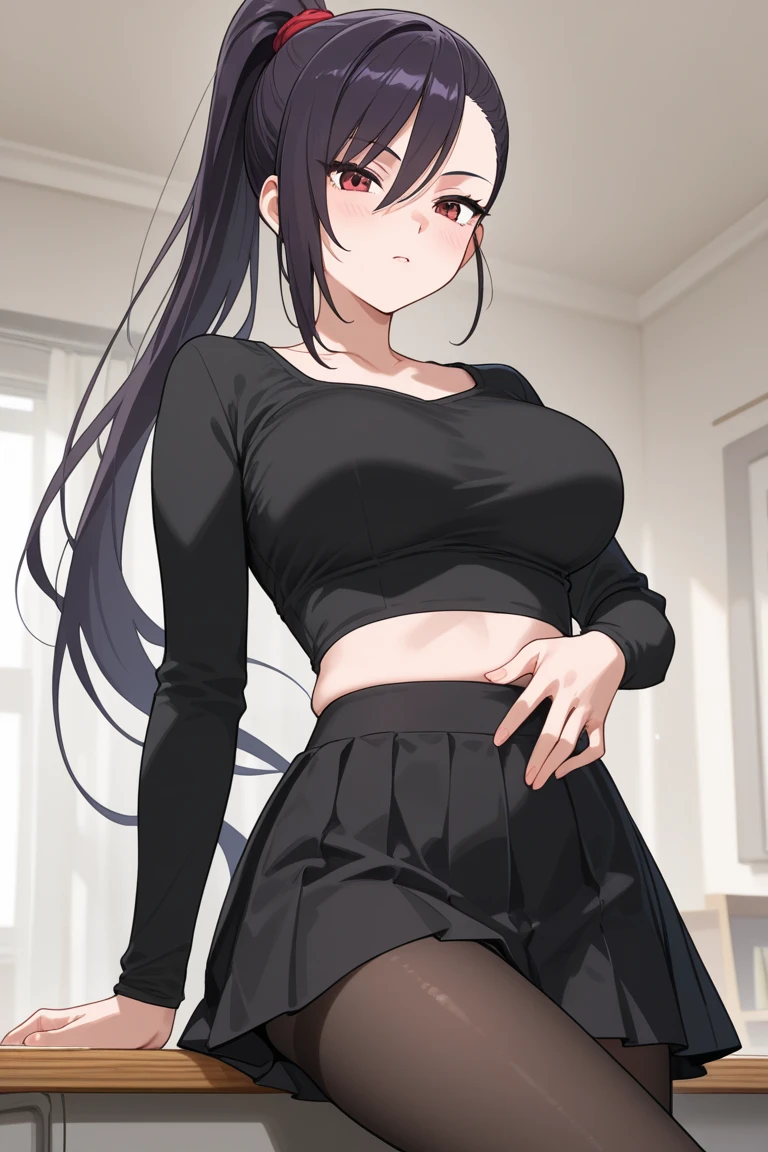 Mai Sakurajima, library background, Pale light, Smiling,sitted,from below,stocklings,Slim figure,Black panty,black undersuit,