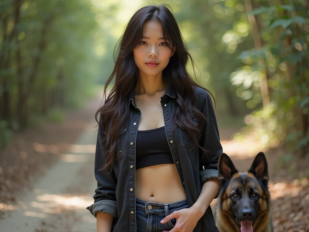 8k,RAW photo,best quality,masterpiece,(realistic,photo-realistic:1.37),(looking at viewer:1.331), araffe woman in a black bikini and boots standing next to a doberman, bikini, (small breasts), elegant bikini, japanese woman, 24 years old, cameltoe,
