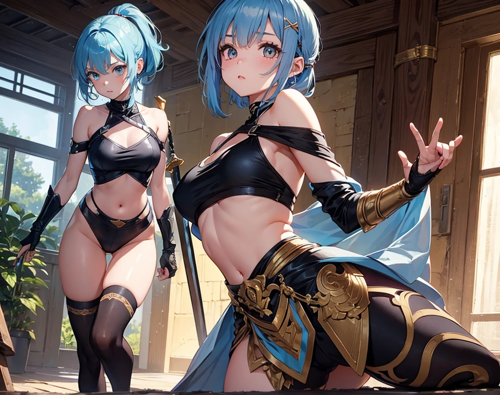 cute young girl, light blue hair, long hair, small braids hair, yellow eyes, dragon horn, dragon tail, elf ear, muscular body, big breast, aesthetic & beautiful, rainy, fight pose