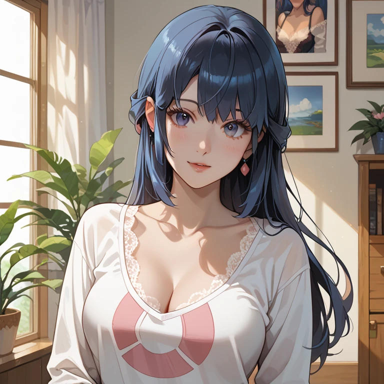 Masterpiece, highres, 1girl, housewife, busty, seductive pose, big breast, from below, yusuke murata art style