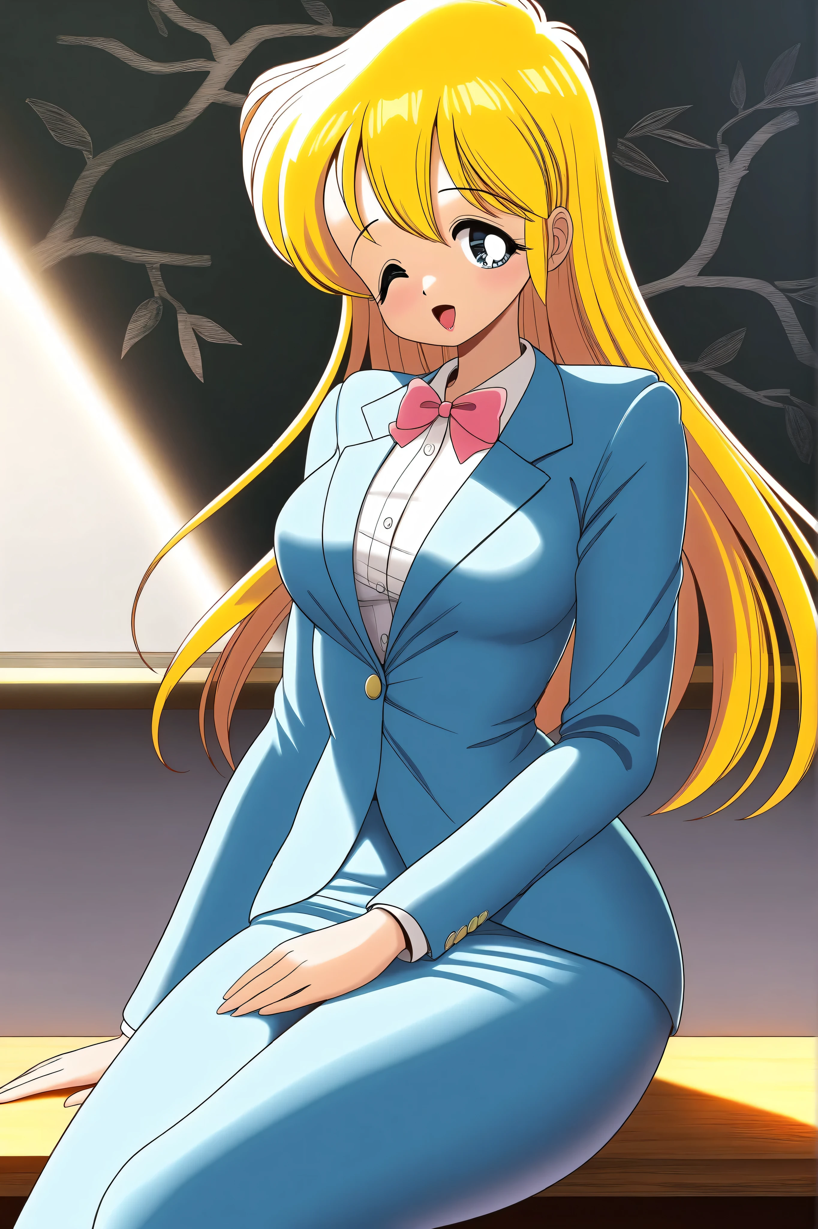 runa,masterpiece,Top quality,Good quality,1 girl,solo,Long Hair,makeup,teacher,Blue suit, bow tie,Waiting for a traffic light in a white shirt,pencil skirt,Classroom,blackboard,,sitting, crossed above _Sitting on a branch, cowboy_shots,Smile,;d,