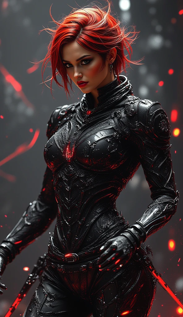 red nanosuit,<lora:nanosuit_v10:0.85>,full shot photo of 1milf, warrior, from front, brown eyes, short hair, parted bang, crying, big breasts, hoop_earrings, skyscraper background,smoke, hand on face, looking at viewer, purple sky,best quality, distinct image, intricate details,
