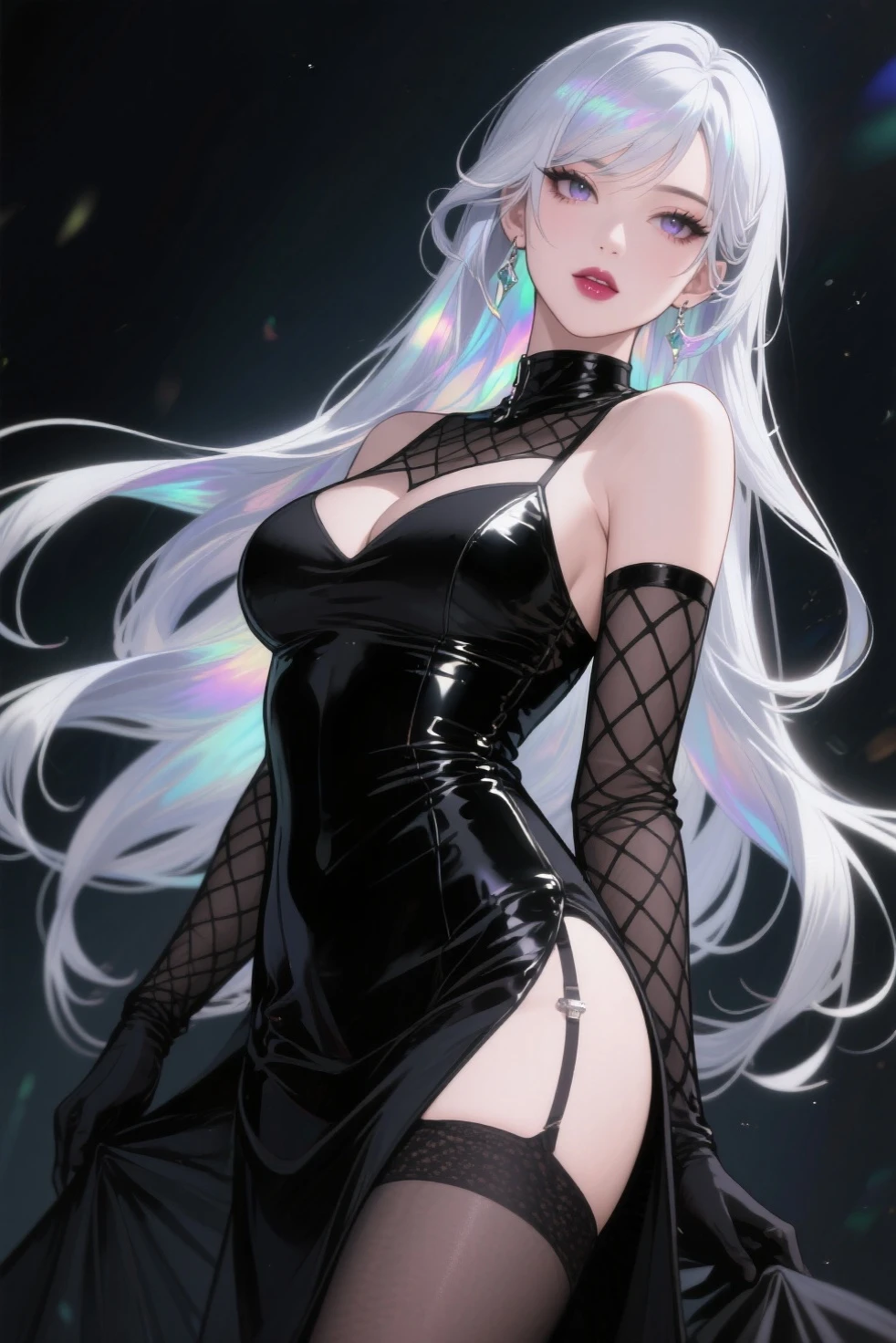 realistic, 1girl, white hair, purple eyes, glowing eyes, top, skirt, parted lips, blush, night, flowers, sun, sunlight, cute, kawaii, digital art, finely detailed eyes, embarrassed expression, long_hair, blushing, (highly detailed 8k wallpaper), best resolution, very_long_hair, masterpiece, semi-realistic, right hand behind head, left hand on hip, moon, star_\(sky\), starry_sky, full_moon, looking_at_viewer,