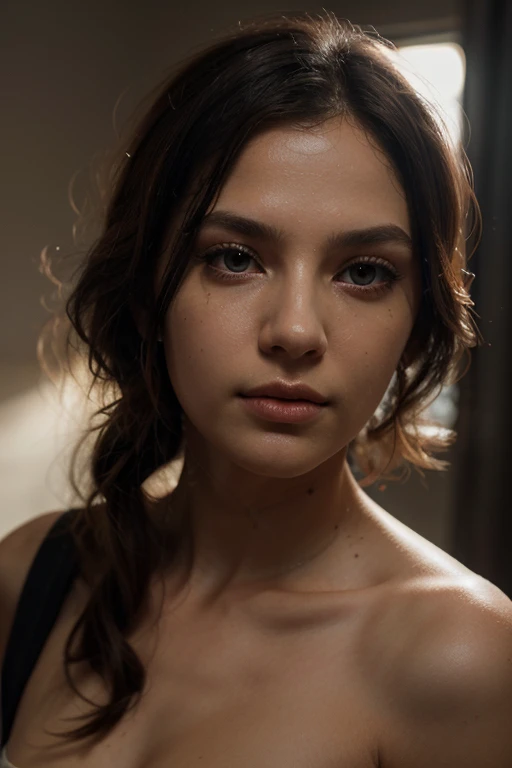 Moody high contrast portrait of a pensive young brunette woman with sparkling eyes, half her face concealed in shadow, tight facial close up, dark background, side lighting revealing her gaze, straight on perspective, in Arnold Newman's dramatic style, detailed skin,