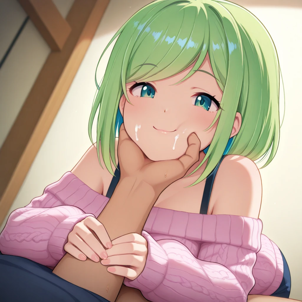 1 girl, solo, solo focus, cowboy shot, People photography,, bob hair,Half Aqua, Half Green, ((brown hair)), (Yellow hair), (gradation hair :1.5), Curly/kinky hair, ((pink eyes)), Super detailed細な目, that's why, (Caramel Black Skin:1.1), (Small TI quality, Super detailed,bedroom,show one's side,hide the chest with your hands,Barely,open your legs,have sex doggystyle,