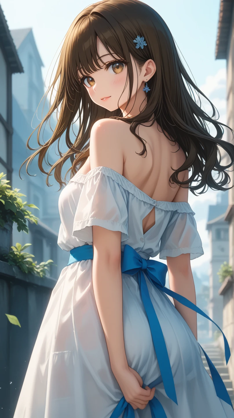 highest quality、4K quality、lean against the wall、Beautiful cleavage、Beautiful Style、tall、Small breasts、Bare buttocks、Small Ass、Shy face、20 year old princess、Bare shouldery skirt is blown up by the wind、ultra detail eye,Shooting from behind、Off-the-shoulder summer dress
