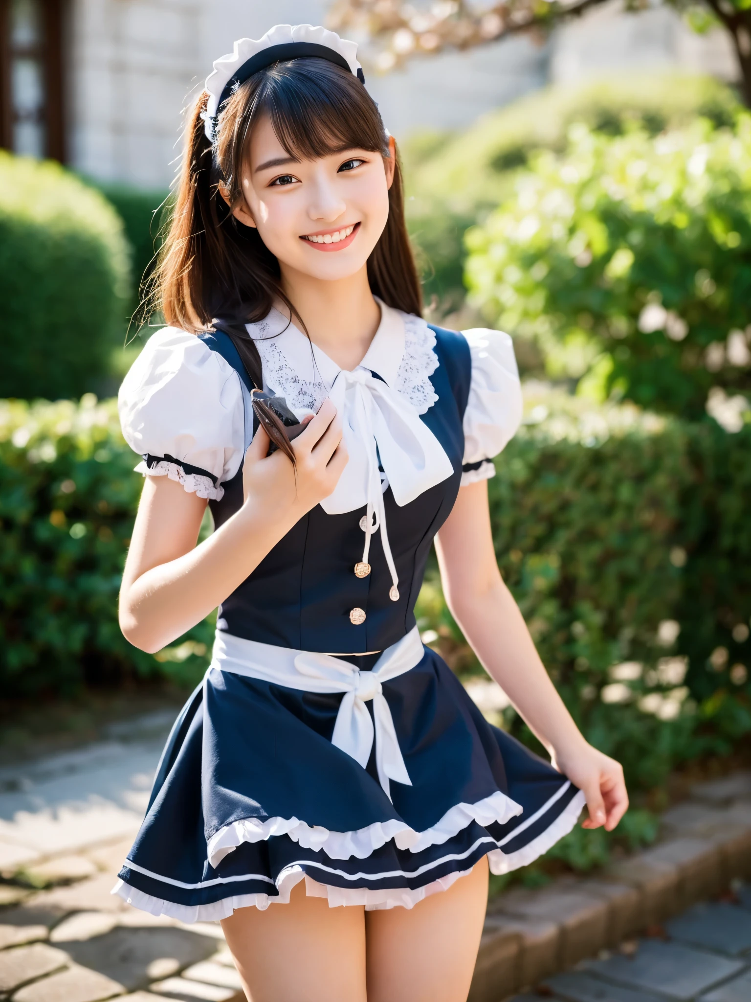 one girls、 poneyTail, arena、Show white teeth and smile, Brown hair、Blue Ribbon、Eyes with azure eyes、Holding an umbrella、