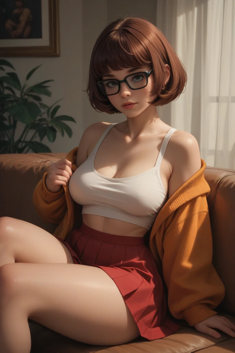 Generate an image of Velma from Scooby-Doo, best quality, short hair, skirt, (large breast:1,7), brown hair, brown eyes, pleated skirt, glasses, sit, orange strapless bra, Generate an image of a detailed haunted classroom with eerie lighting, tattered curtains, creaky desks, and ghostly apparitions. Generate a dark and eerie scene with a frightening atmosphere, masterpiece, best quality:1.2),(8k,highres,RAW photo,realistic,photo-realistic:1.3),(detailed skin texture,detailed cloth texture,beautiful detailed face:1.25),professional lighting,photon mapping,beautiful soft light,radiosity,physically-based rendering,model shoot style, model shoot style, (extremely detailed CG unity 8k wallpaper), full shot body photo of the most beautiful artwork in the world, complex 3d render ultra detailed, looking at viewer, 18 yo, wet hair, real human skin, vibrant details, hyperrealistic, beautiful, octane render, 8k, best quality, masterpiece, an extremely delicate and beautiful, extremely detailed ,CG ,unity ,wallpaper, (realistic, photo-realistic:1.37),Amazing, finely detail, masterpiece,best quality,official art, extremely detailed CG unity 8k wallpaper ,extreme detailed eyes, (perfect face), shiny skin, colorful, highest detailed, vibrant colors, ultra high res, (high contrast), intricate, lens flare,