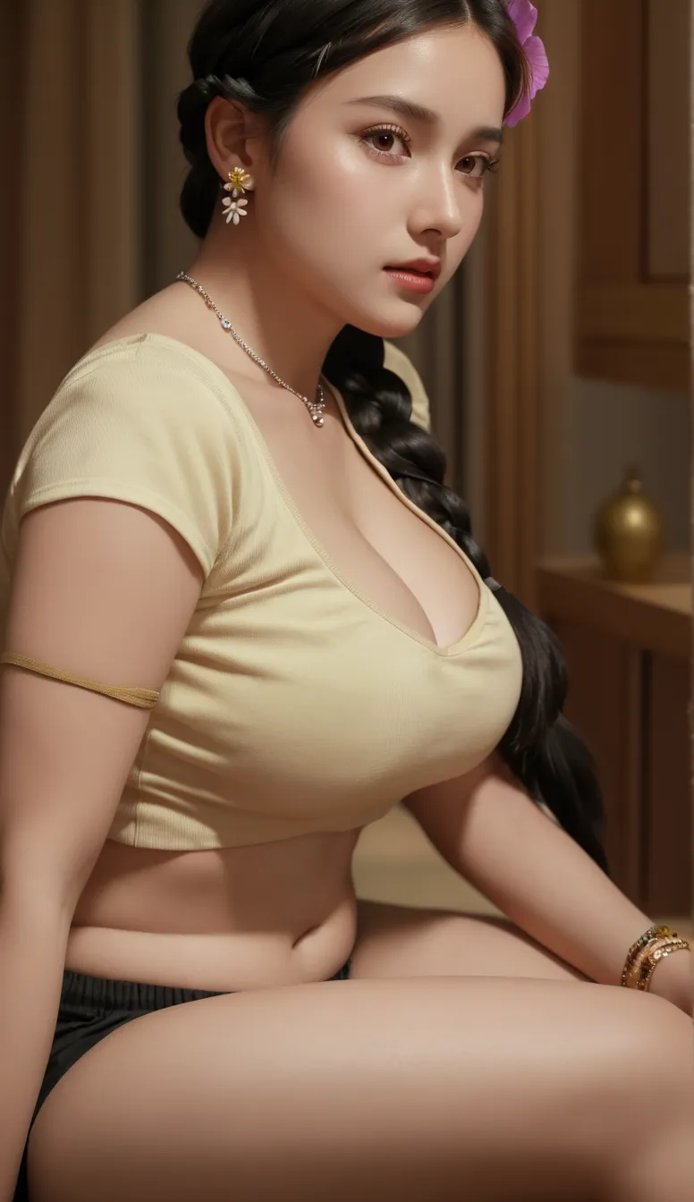 23 year old beautiful Indian girl, young, Translucent skin, beautiful, erotic, She is wearing a loose yellow saree., Larger than average breasts,Big and deep valley, smile, Facial Makeup, beautiful body, beautiful eyes nose lips mouth face, whole body, Cleavage, Butt,Lying on a bed in a luxurious bedroom, dynamic and erotic pose, close, Realistic, Super sexy, Dynamic camera angles, hyper Realistic, Very detailed, Shot on Canon UHD