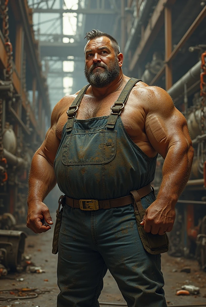 mecanico parrudo de fully body, protruding belly on display, fully body, fatter, tools at your feet, messy mechanic shop background, immersive and sensual lighting