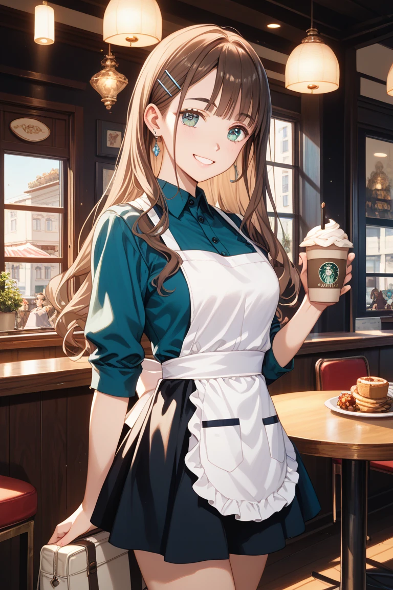a sun ayuuki, a sun a yuuki, long hair, brown hair, (brown eyes:1.8), (medium chest:1.2),headdress, dress, apron, looking at the viewer, , clavicle, cute, smile, open your mouth, alone, long sleeve, indoor, Cafe, remainder, food, drink, table and chairs, cleaning, tray, tray in one hanh
break outdoors, coffee shop　open terrace,
break looking at viewer, (cowboy shot:1.5),
break (masterpiece:1.2), highest quality, High resolution, unity 8k wallpaper, (figure:0.8), (detailed and beautiful eyes:1.6), highly detailed face, perfect lighting, Very detailed CG, (perfect hands, perfect anatomy),