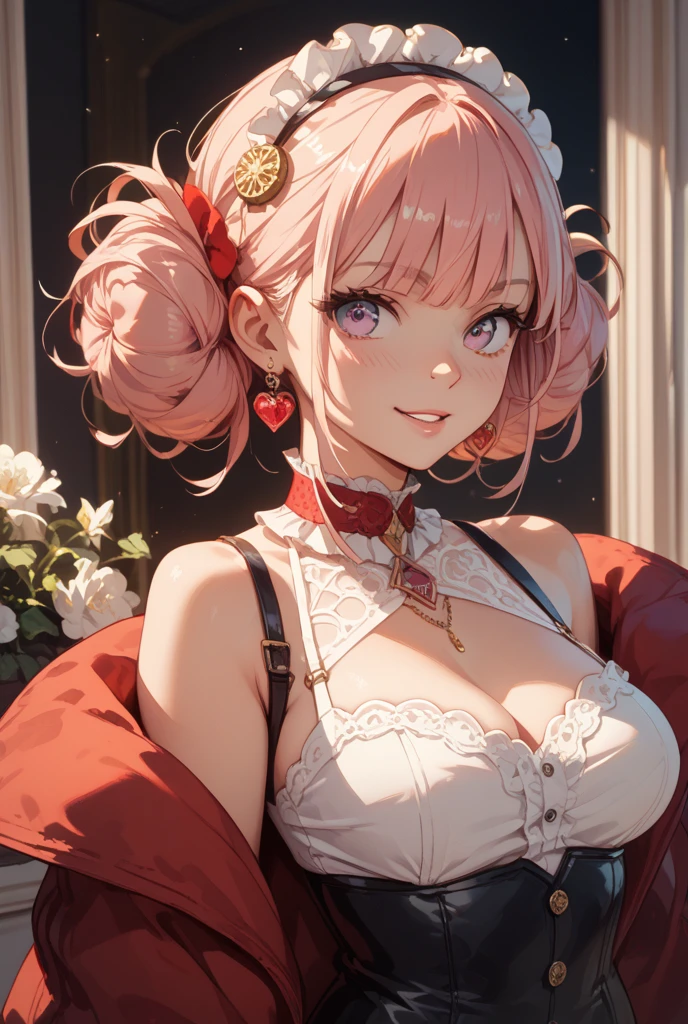 (masterpiece, best quality:1.2), solo, 1girl, hildahopes, smile, looking at viewer, hair bun, ponytail, dress, red gloves, hoop earrings, cleavage, (cowboy shot), (upper body)