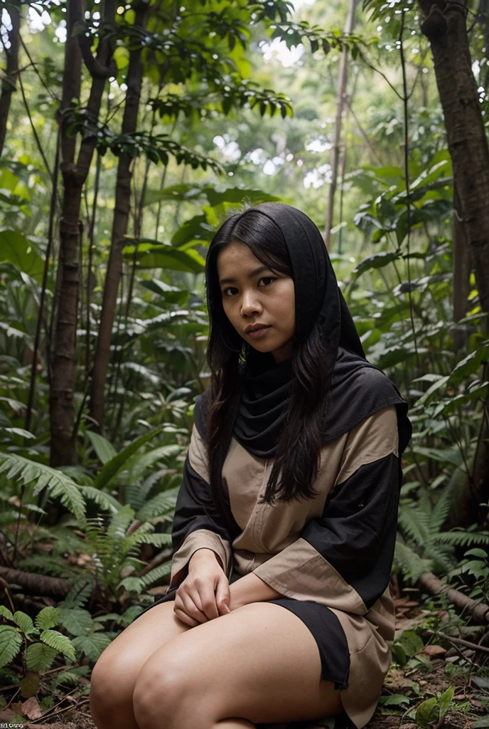 A 22 years old naked Indonesian woman in cream color hijab sits in the forest