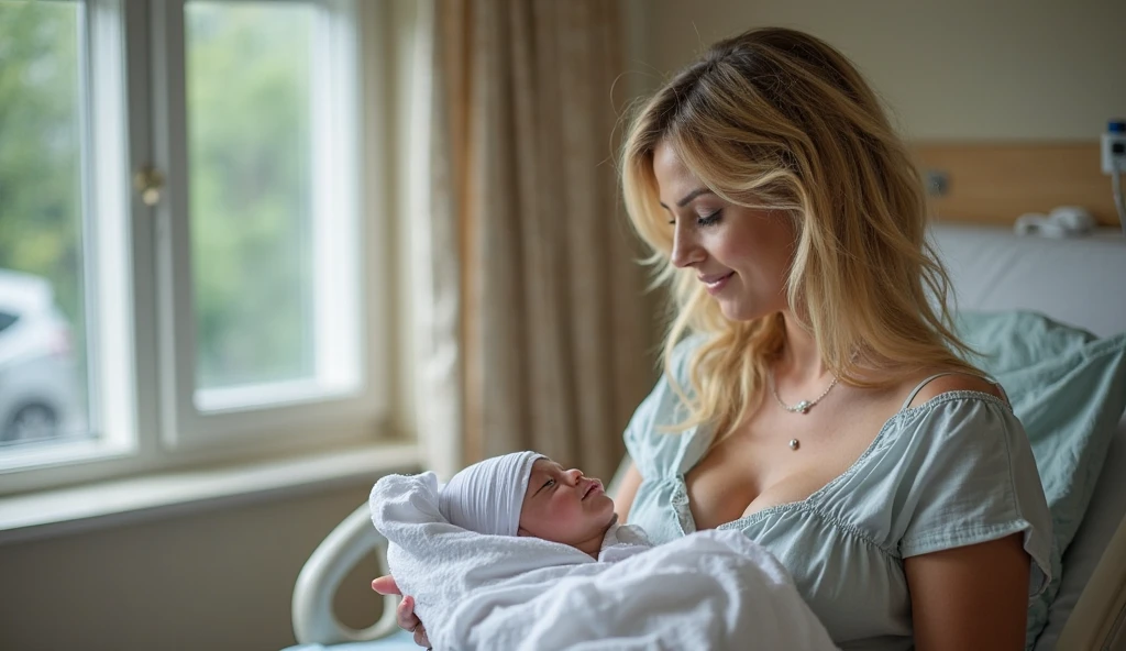 A blonde mother holding a baby girl with a blonde hair in her bed with an ancient fancy bedroom