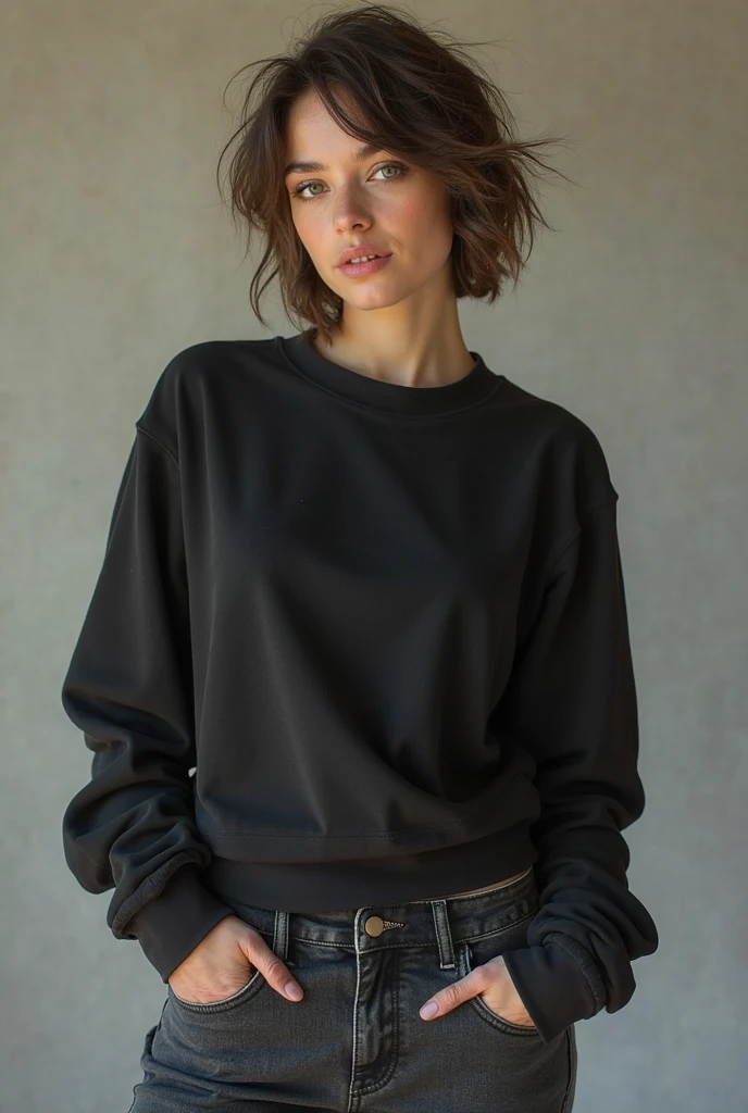 A young woman in her twenties, Caucasian with shoulder-length, slightly wavy brown hair, is in an extremely dilapidated apartment. She is dressed in worn clothes: a faded light gray sweater and damaged black pants, with holes in the knees. His hair is messy, and his appearance reflects fatigue and financial difficulties.
