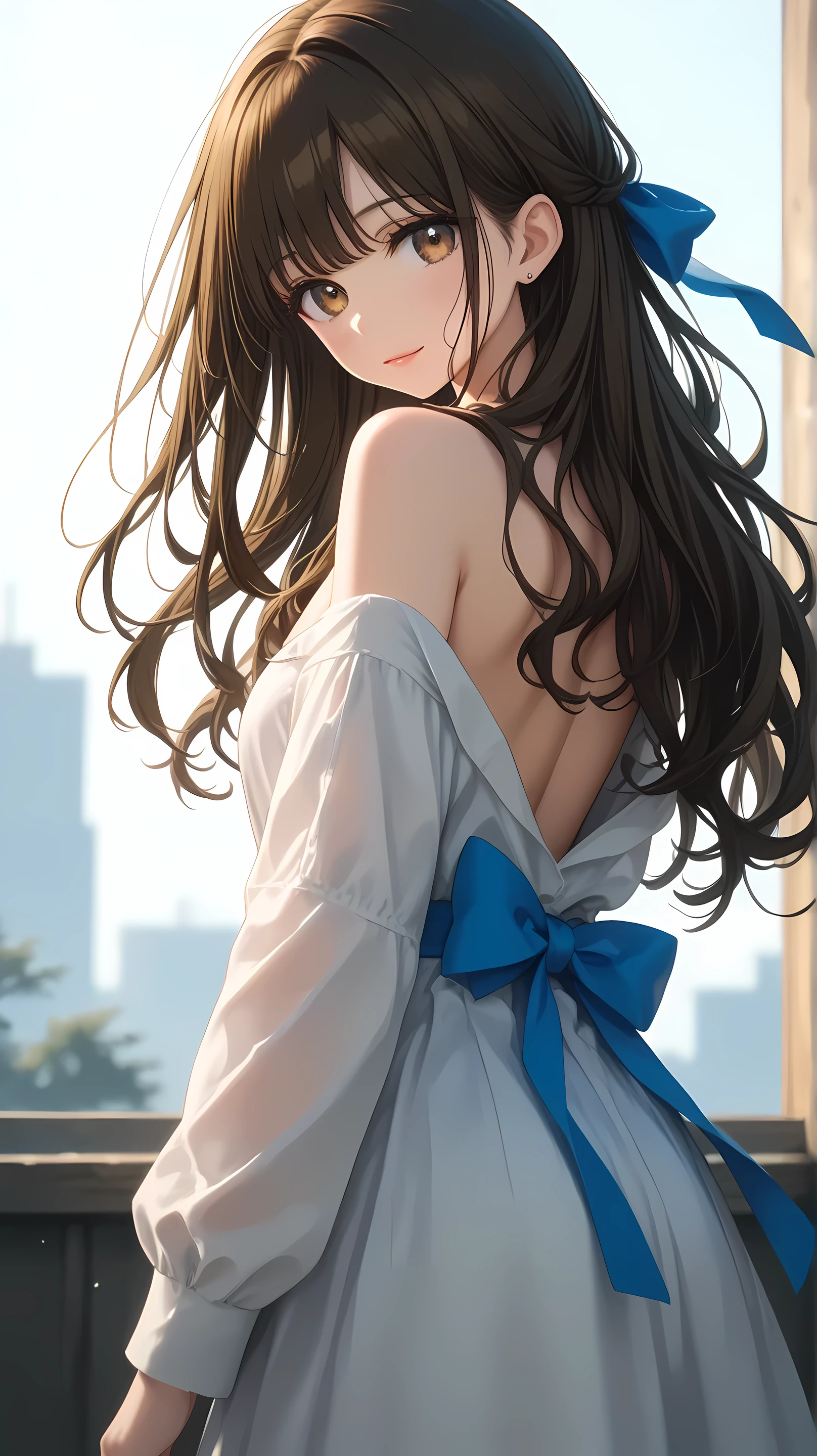 masterpiece, best quality, 1girl, long brown hair tied with a blue ribbon, brown eyes, standing on hilltop with back to viewer, white dress sliding slightly off shoulder, bare back partially visible, wind pulling at fabric and ribbon, looking over her shoulder with soft smirk, sunlight wrapping her silhouette, distant ocean glowing