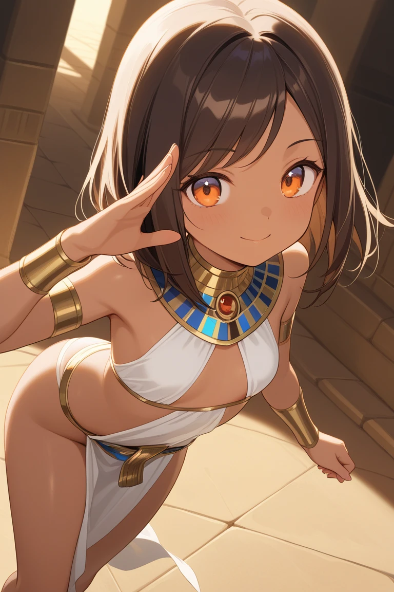 ancient Egypt, 12 years old, 1girl, night, glow eyes, brown eyes, see-through ancient egyptian dress, flat chest, short brown hair, best quality, show off breasts, show off nipples, bare nipples, topless, puffy nipples, pussy juice, {{{vulgarity}}}, bastet