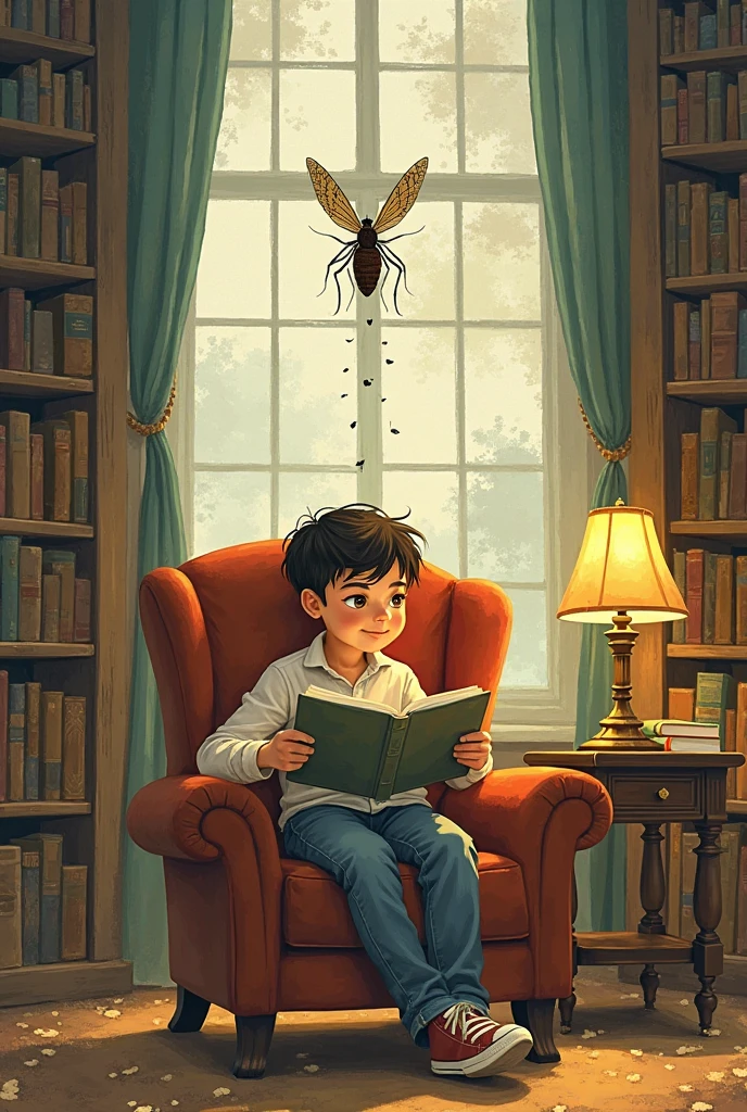 A mosquito flying or a boy who reading in library chair  his hand holding a LA name book watching flying mosquito 