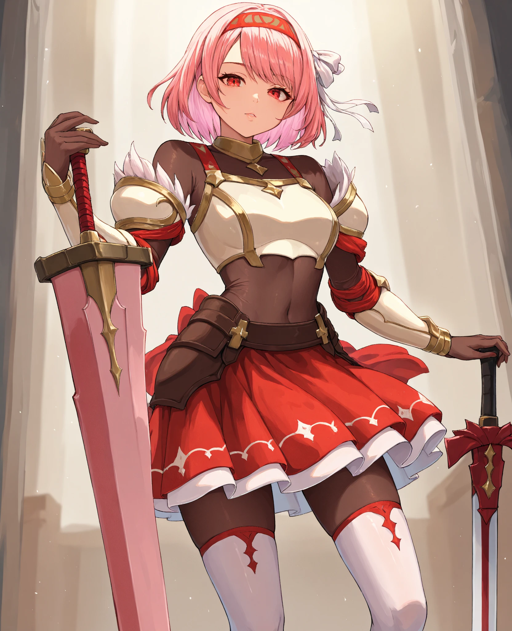 SLE, mksks style, detailed background solo, 1girl, elphelt valentine, blue eyes, pink hair, ahoge, short hair, rabbit ears, cleavage, bridal veil, spiked hairband, juliet sleeves, red gloves, clover, shoulder spikes, red belt, standing, looking away, smile, full body, garden, roses, flowers, trees, sunlight, blue sky, sunlight, outdoors