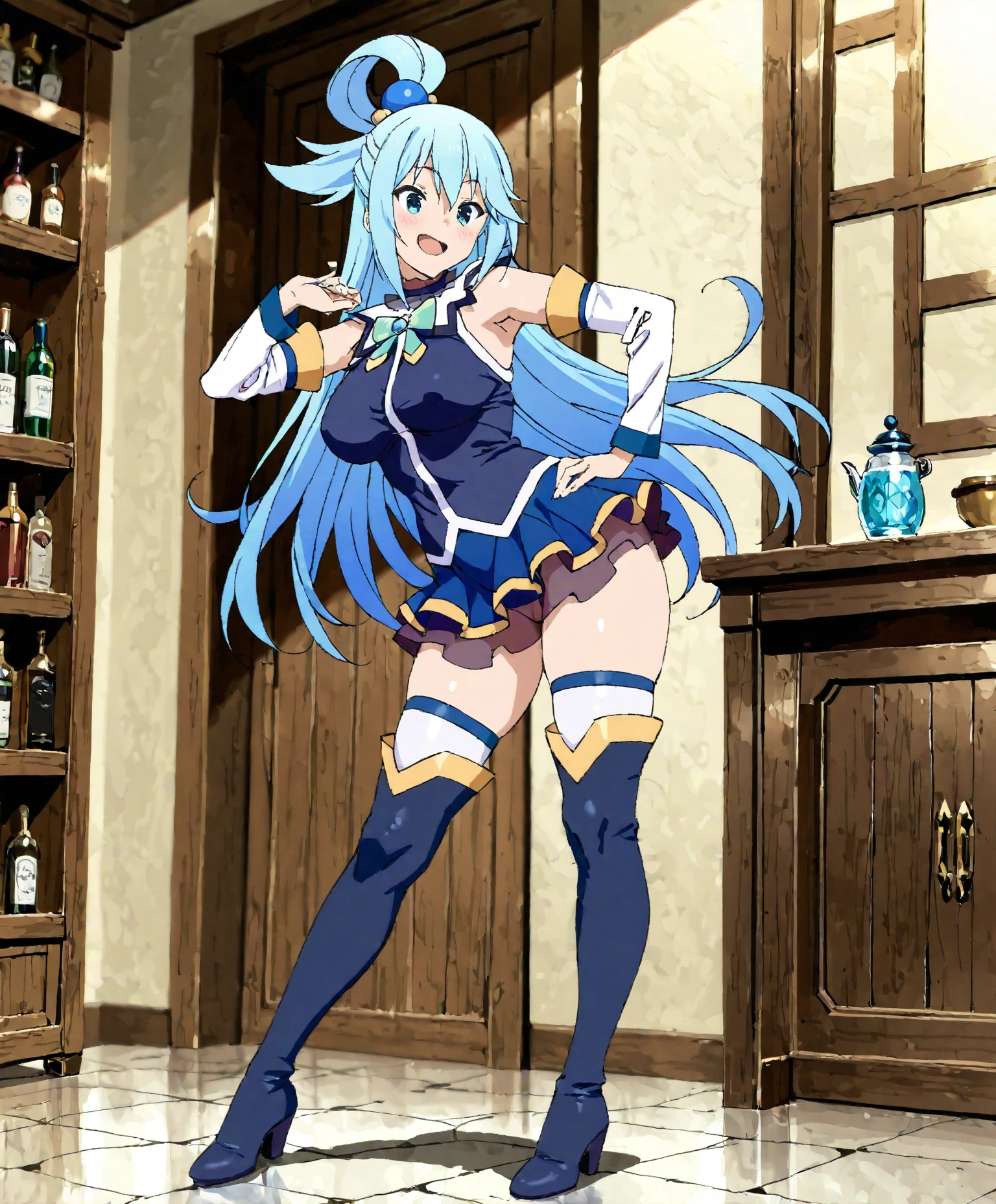 anime girl aqua from konosuba ,busty with thick thighs and big ass bigger than thighs and head and body , ass view, hyper ass with long hair , blue skirt