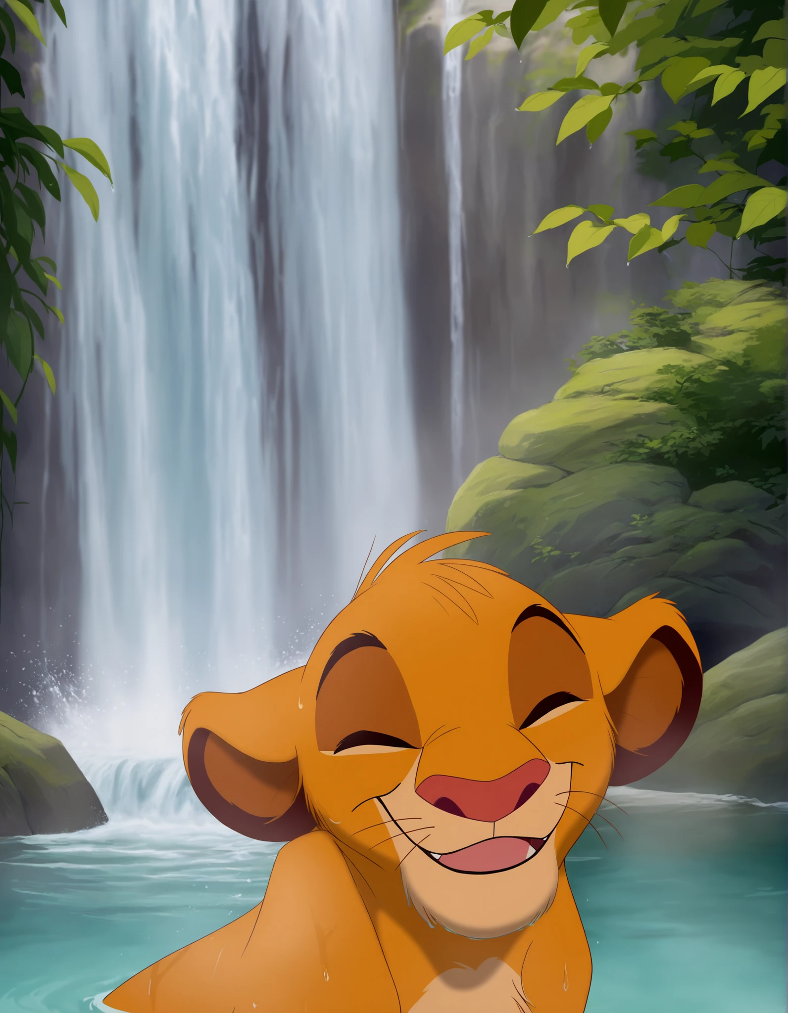solo, cubsimba, smile, facing viewer, bathing under a waterfall, wet, waterfall, detailed background
