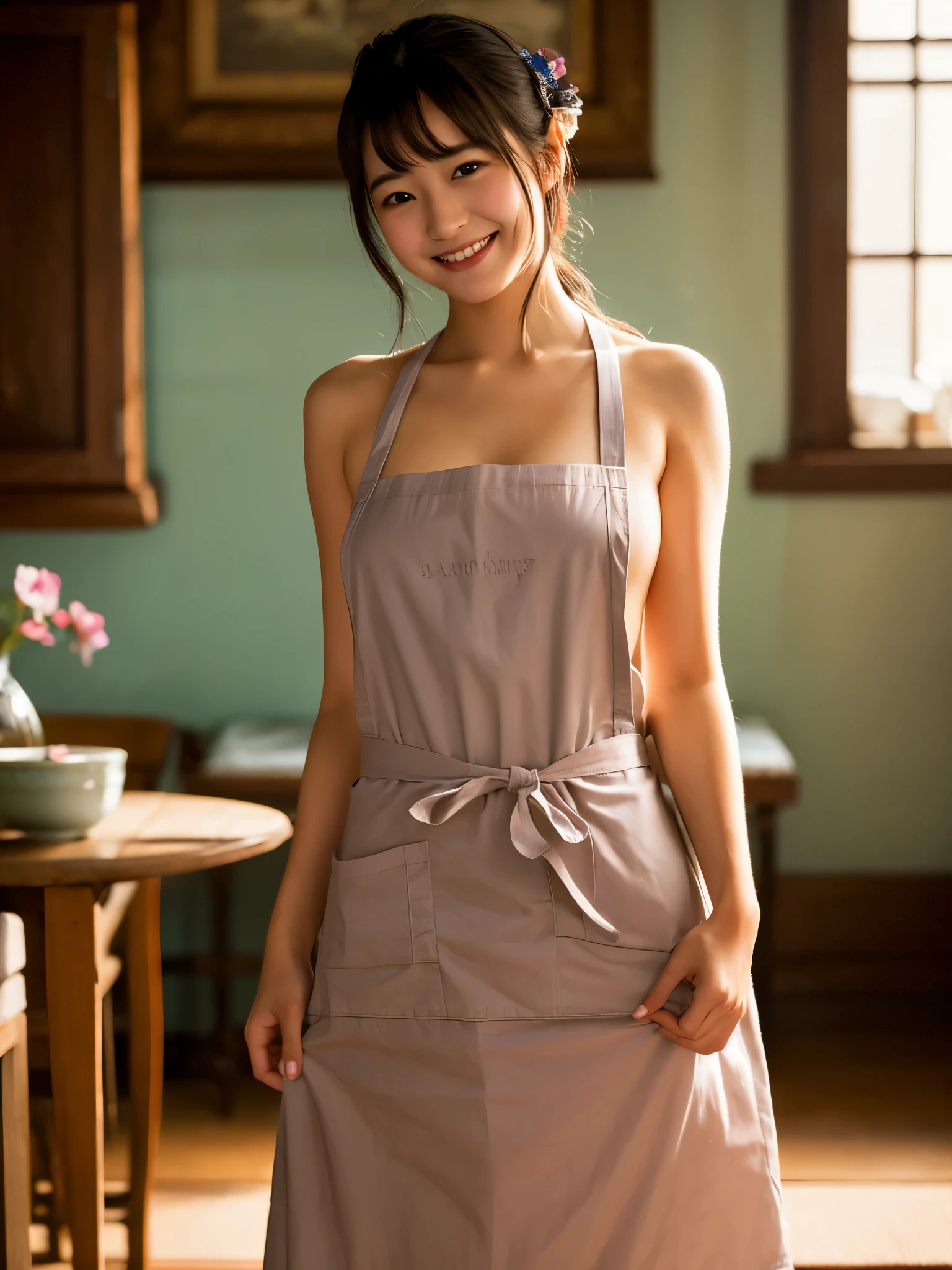 a beauty girl, NAKED Apron、 skinny, Japanese houses、18year old、A smile