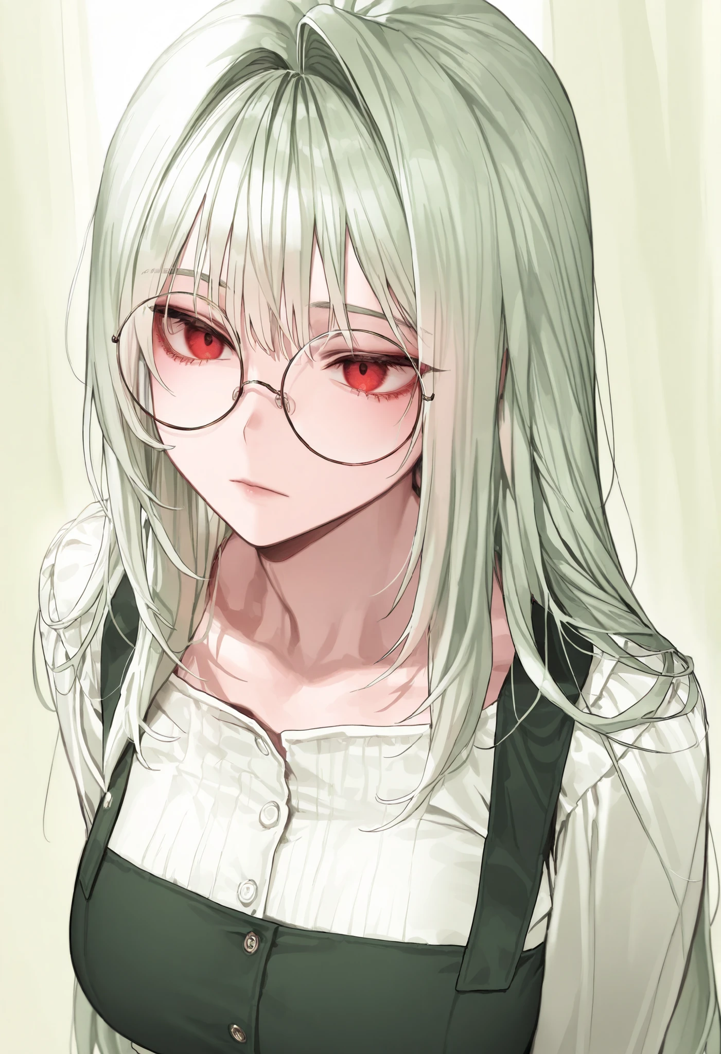 Han Myung, an adult woman, beautiful woman, light green, long hair, sharp red eyes, round glasses, suspender dress, expressionless