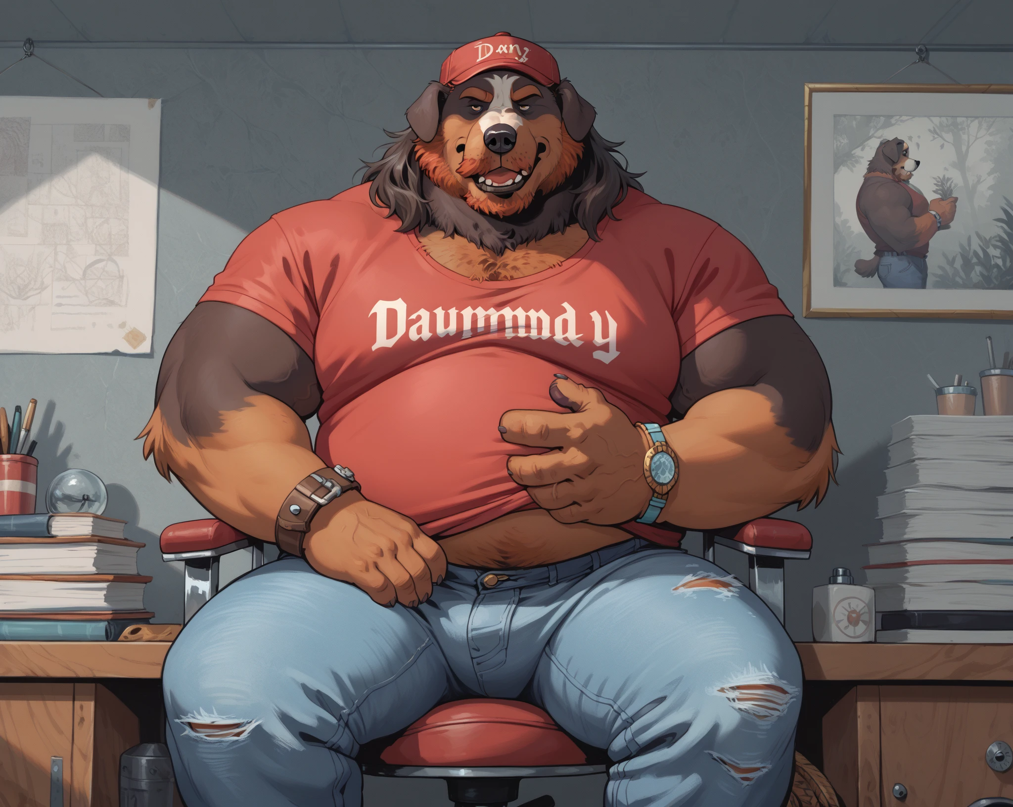 fat and hairy three headed german shepherd, frowning, grumpy, annoyed, by dramamine, by kobi lacroix, by badcoyote, identical, obese, old, thick neck, living room background, detailed eyes, anatomically correct eyes, shirtless, nipples, nude, flaccid penis, testicles, navel, sweaty, hairy, gross, sitting at desk, using computer, Disney style, rugged style, dirty style