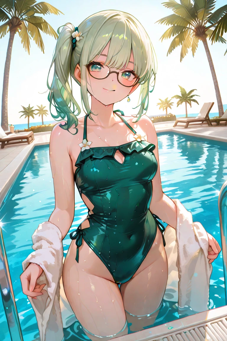 ((masterpiece)), (((best quality))), chromatic lighting,
colorized, green + white limited color palette,
detailed concept drawing,
Street Fashion, at a night pool,
portrait, 20yo 1girl, medium soft breasts, slender, long green hair, black eyes, smiling, no weird objects or colors on the face