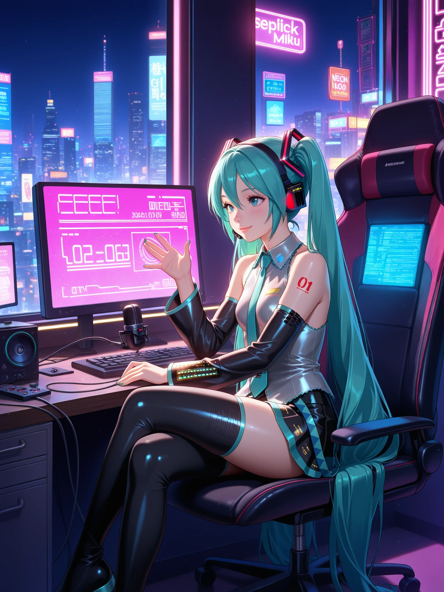 Cyberpunk style cluttered room. more neon. Many machines with unknown uses. Large windows with an open feel. It's sunny outside.　Hatsune Miku is sitting on the chair..
