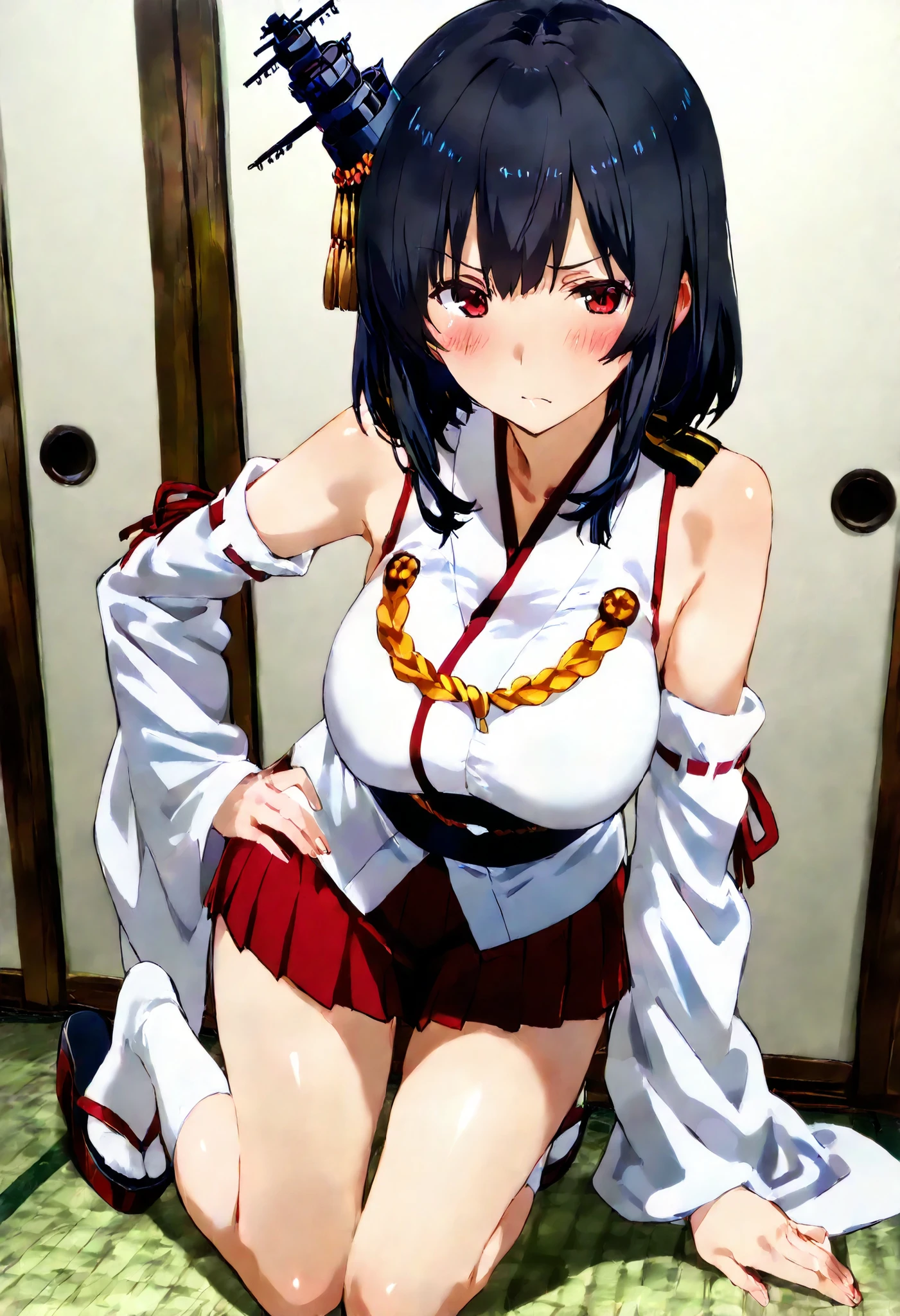 Yamashiro (Kantai Collection))
一人の女の子, 一人で, , detailed skin, 赤面,
yamashiro-n-kc, white shirt, bare shoulders, detached sleeves, black obi, red skirt, miniskirt, pleated skirt, white socks, sandals,
カウボーイショット, 視聴者を見て, 視聴者を見つめる,