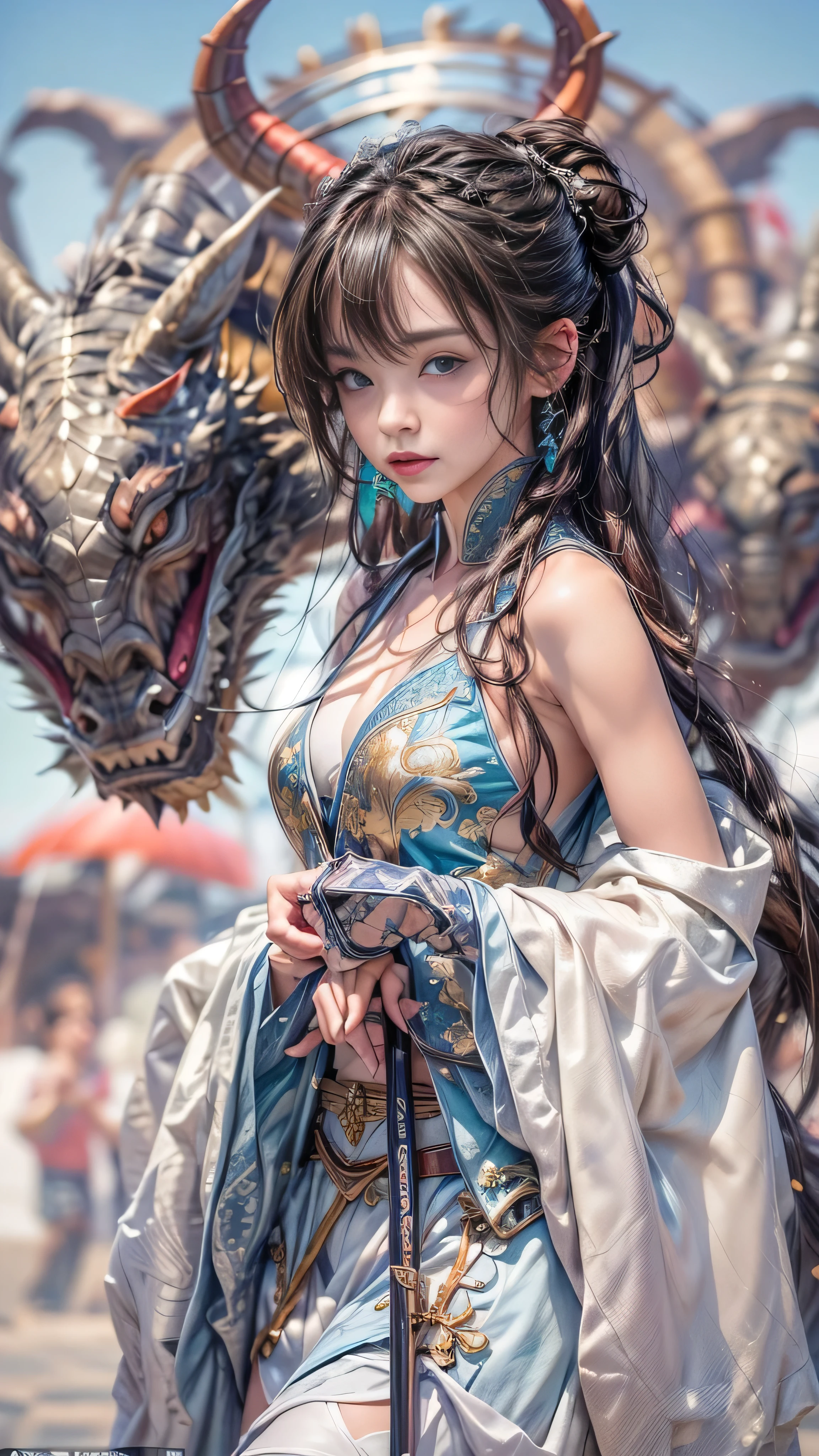 nsfw, 1girl, nude, (masterpiece: 1.4), (8K, realistic, raw photo, best quality: 1.4), skirtlift, strip naked, standing on mountain top, nipple areola shape clear, beautiful breasts, Chinese girl, beautiful cute face, (real face: 1.4), perfect pussy, beautiful hairstyle, realistic blue eyes, beautiful detail eyes, (real skin: 1.3), beautiful skin, attractive, ultra high resolution, ultra realistic, cinematic lighting, black colored hair, long hair, twin ponytails, blue ribbons, ancient China, chinese mythology, dragon
