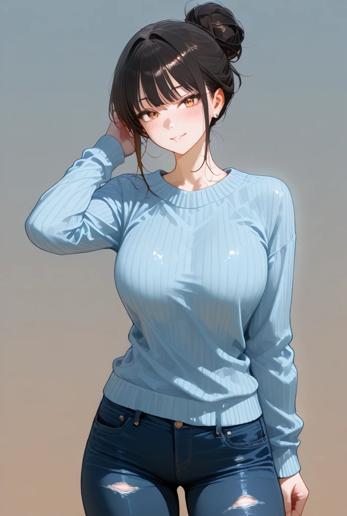 Best quality, high resolution, Pixel perfect, depth of fields, 8k, BREAK, 1 girl, alone, long hair, Shiny black hair, hair with golden highlights, perfect eye, hair over one eye, details eye, Blue eye:1.4, round eye, Beautiful eyelash, realistic eye, (detailed face, blush:1.2 ), (Soft texture:0.75, Realistic texture:0.65, Photorealistic:1.2), medium breasts, (dynamic pose:1.4), looking at viewer, Perfect body, busty, (white turtleneck sweater, long sleeves, wearing jeans broken), smile, open mouth, leaning forward, hands behind the back, on a street with a sunny day.