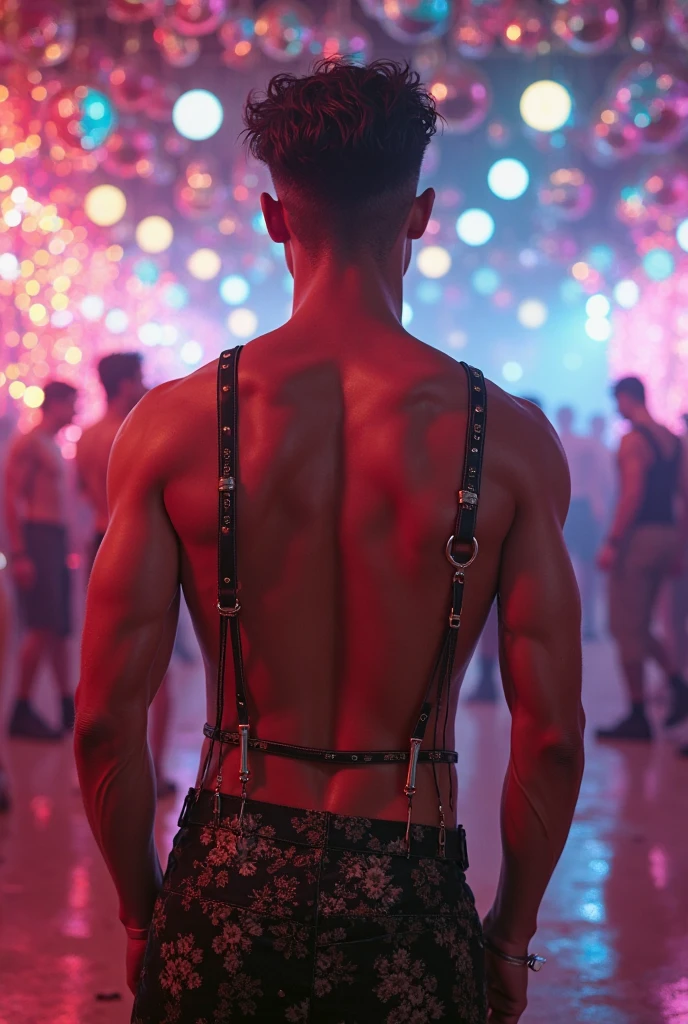 A super cute Latino boy stripper slave, with young looks, giving a flirty look, wearing a cute black jockstrap with a cute black harness, with black BDSM gear and chained-together cuffs, bending over on a pole, wide-angle shot, face forward view, in a vibrant gay strip club, with cute Latino boys in the background
