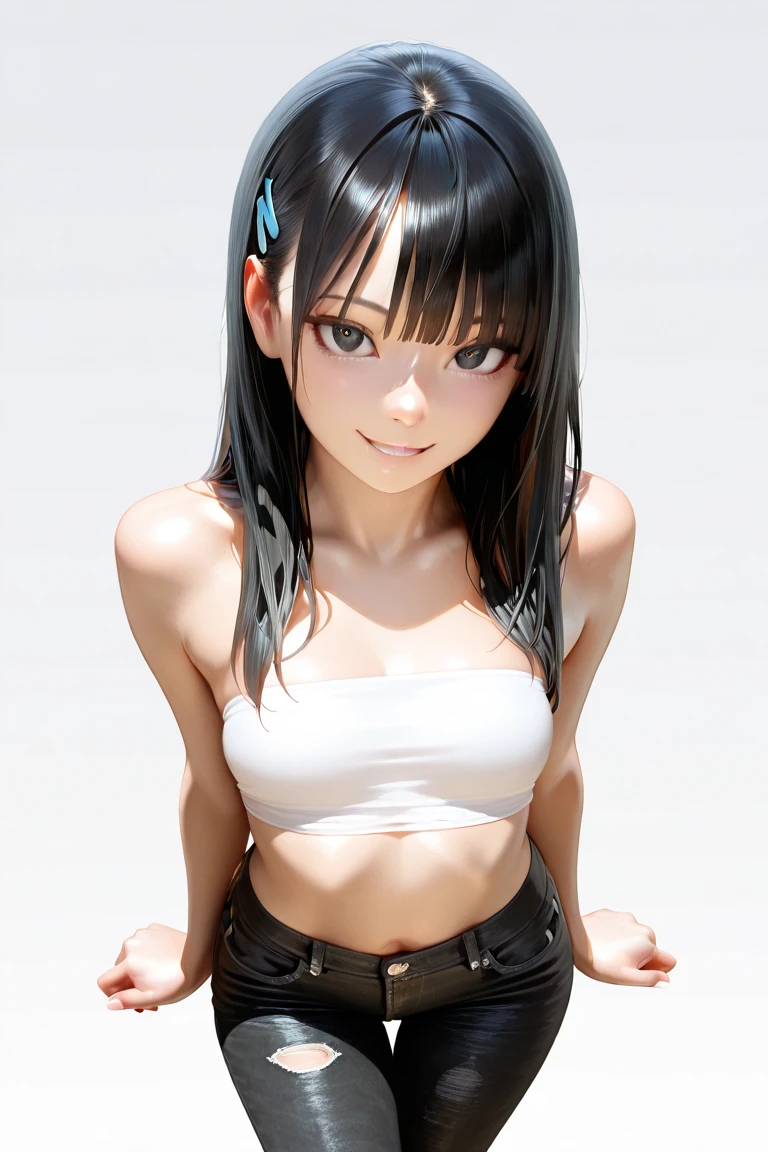 One lady、An ultra-high picture quality、8K、3D、Ultra-fine、Super Real、Gravure images、Beautiful Japan model、a smile、Eyes are large、My lips are plump、poneyTail、Beautiful skins、lean figure、Height is 154cm、B80W56H86、One arm on each side、Five fingers(thumb、forefinger、middle finger、ring finger、Pinky)、Toned body、White Micro Bikini、Tropical seas、blue open sky