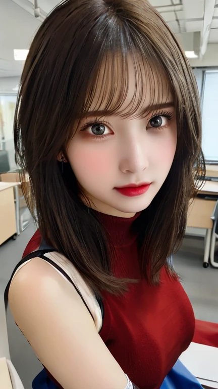 (highest quality、table top、8k、best image quality、Award-winning work)、(one young girl, 14 years old:1.3)、(Perfect V-neck red long knit sweater:1.2)、(red eyeshadow:1.2)、perfect makeup、long eyelashes、Super high-definition sparkling eyes、ultra high definition hair、ultra high resolution glossy lips、Super high resolution perfect teeth、Super high resolution cute face、brown hair、(very short straight hair:1.1)、look at me and smile、[clavicle]、accurate anatomy、(close up of face:1.5)、Luxury love hotel、(The most moody warm lighting:1.2)、blurred background、With bangs、Super high-resolution glossy and moisturized face、Super high resolution glowing skin、most detailed face、Ultra high resolution detailed faces、ultra high resolution hair、Super high resolution sparkling eyes、Beautiful face drawn in every detail、Super high resolution glossy red lips、big breasts、cleavage、Fashionable necklaces