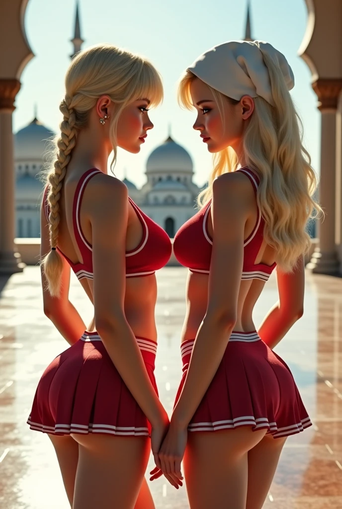 (Best quality, 8k, 32k, Masterpiece, UHD:1.2), Photo of two cute tall Italian girls, blond, big breasts, very short hair, necklace, basketball stadium background, basketball stadium, Jerusalem, delicate skirt, heels, thong, lace, pink bra, pink feather wings on the back, brassiere, lift up my skirt