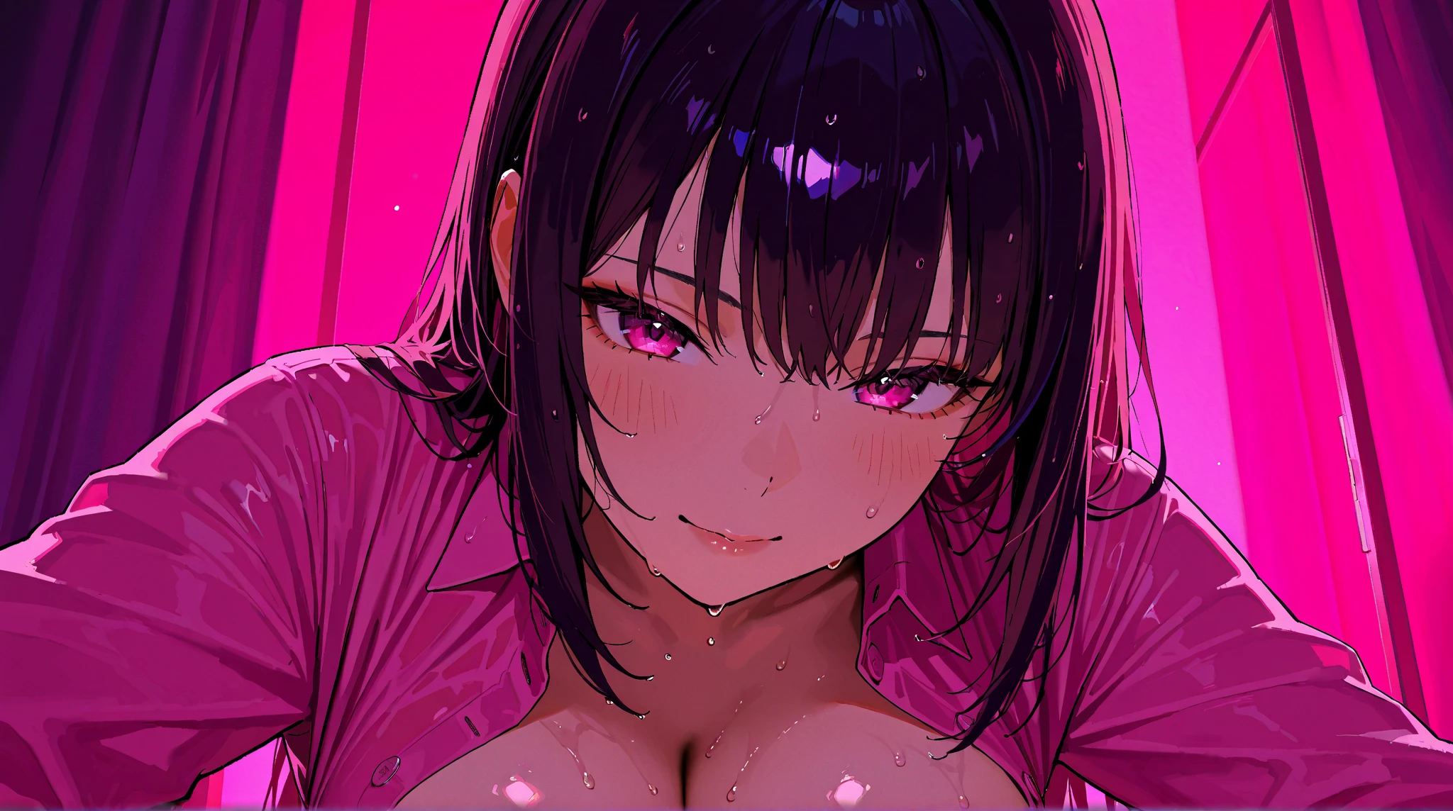 mature female, mature, Adult, himeno, himeno(Chainsaw Man), POV, 1girl, black hair, short hair, eyepatch, solo, hypnosis, brainwashed, blush, phone, heart, eye symbol, rating_questionable, naughty face, rolling_eyes, cross-eyes, ahegao, open mouth tongue out, nsfw, Villains, chest, View your audience, Night town, City, skyscraper, Night, Dark, latex pink leotard under the black cape, masterpiece, Top animation quality,Top image quality,